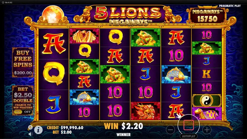 5 Lions Megaways에서 릴이 길게 열리고 15150 Ways와 2.20 결과가 표시된 화면