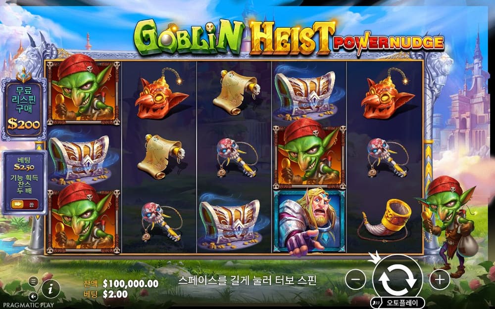 고블린 하이스트 파워너지 얼음 동굴 배경의 여러 높이 릴에 초록 고블린, 두루마리, 붉은 보석과 보물상자 WILD가 보입니다