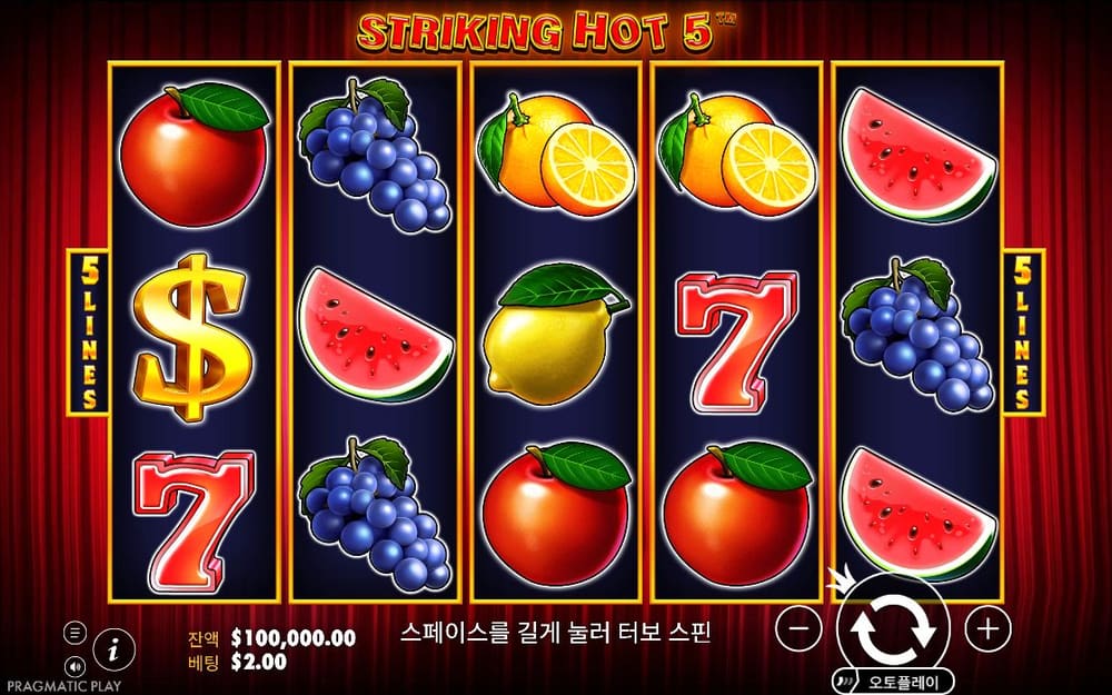 스트라이킹 핫 5 금색 달러와 빨간 7, 수박·포도가 같은 고전 과일 보드에 놓입니다