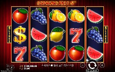 스트라이킹 핫 5 모바일 폭에서도 5 LINES 표지와 다섯 릴, 원형 스핀 버튼이 모두 보입니다