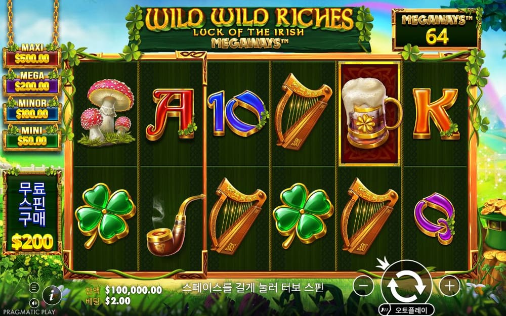 와일드 와일드 리치스 메가웨이즈 WILD WILD RICHES 로고 아래 맥주잔·버섯·파이프 심볼이 같은 녹색 격자에 보입니다