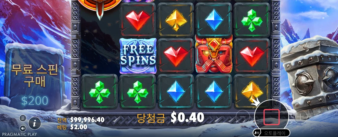 FREE SPINS 타일과 다색 보석, 0.40달러가 보이는 게이트 오브 발할라 결과