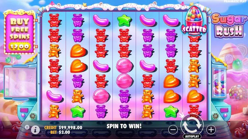 Sugar Rush 시작 화면에서 7열 캔디 보드와 오른쪽 스핀 버튼이 함께 보이는 장면