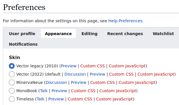Screenshot of Wikipedia's appearance preferences, showing Vector Legacy among several other options