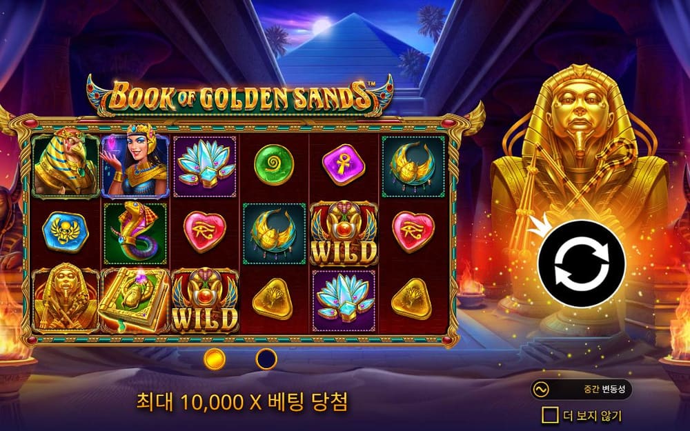 북 오브 골든 샌즈 밝은 실제 릴에는 붉은 보석·초록 스카라베·연꽃과 여러 WILD 책이 보입니다