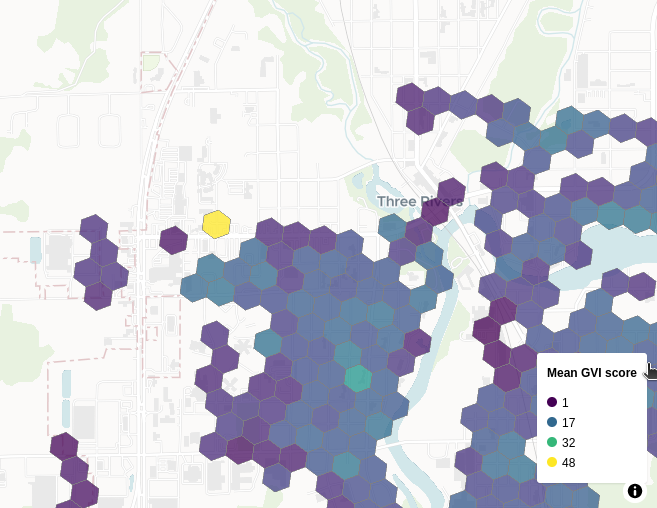 Screenshot of MapLibre webmap showing summary of Green Index scores