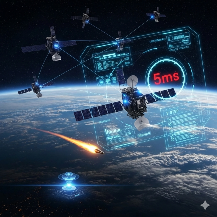 LEO satellite constellation with 7-step auditor overlay and 5ms countdown