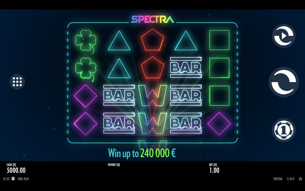 스펙트라 SPECTRA 로고 아래 네온 보드에 클로버·삼각형·오각형·사각형·BAR·W 심볼이 빛납니다