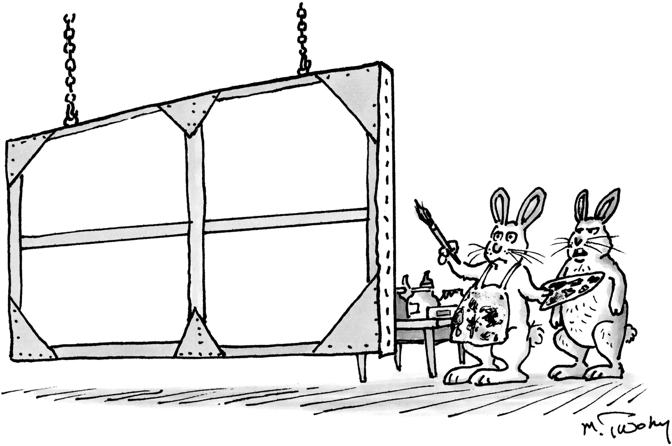 Cartoon of a rabbit painting something on a giant canvas. We can't see the painting, but another rabbit is looking at it and making a grumpy comment."