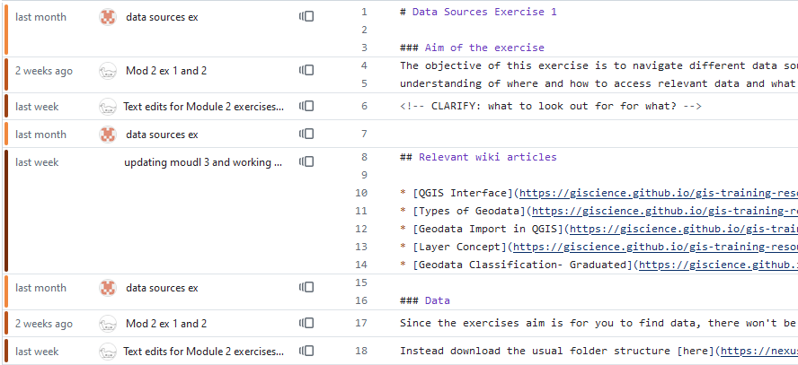 Git Blame view for a set of changes to the training material.