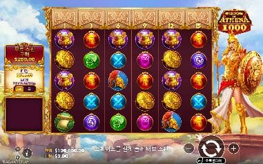 위즈덤 오브 아테나 1000 모바일 화면에서는 원형 보석 격자와 방패를 든 금빛 아테나 조각상이 세로에 가까운 화면을 채웁니다