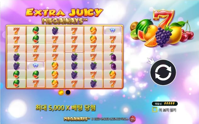 Extra Juicy Megaways 시작 안내에서 최대 5,000x와 과일 심볼이 보이는 실제 화면
