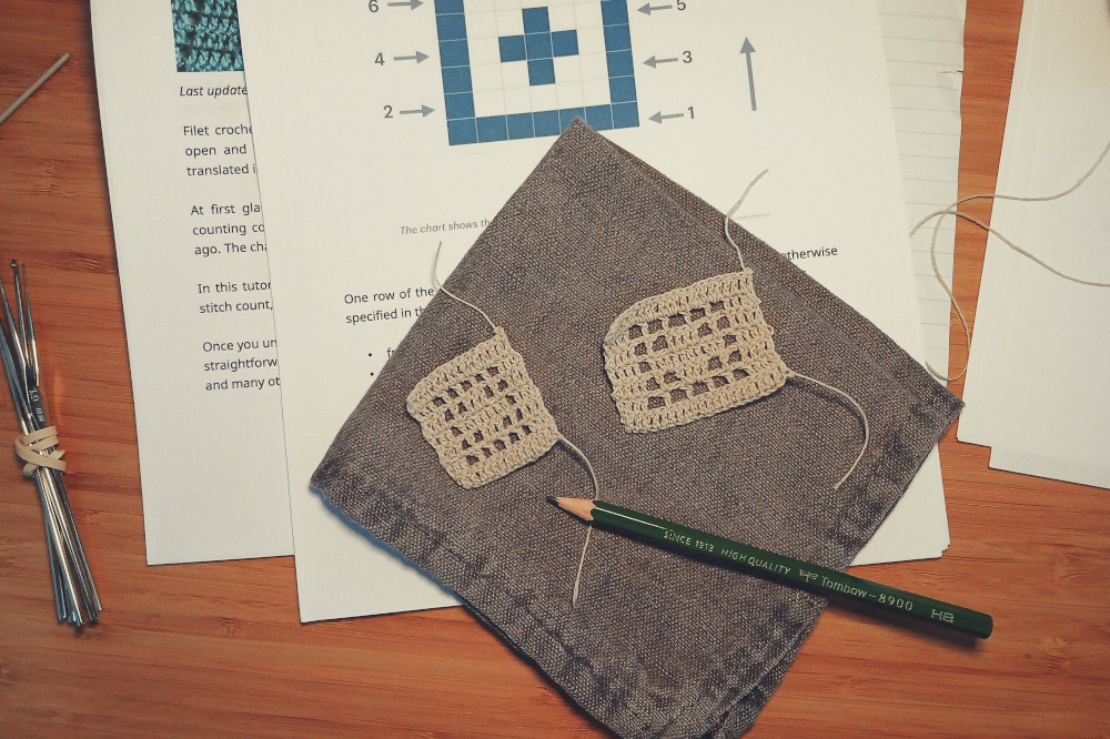 A horizontal colour photograph of a filet crochet chart with two filet crochet works below it. The works are in an oatmeal colour and are resting on a grey cloth to show the design. A wooden pencil is below them. One of the work is small and square, the design not super clear. The other is small and rectangular with a clearer definition of the design.