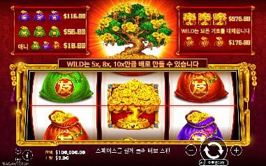 트리 오브 리치스 모바일 화면에서는 배당표·세 릴·WILD 배수 문구가 모두 들어옵니다