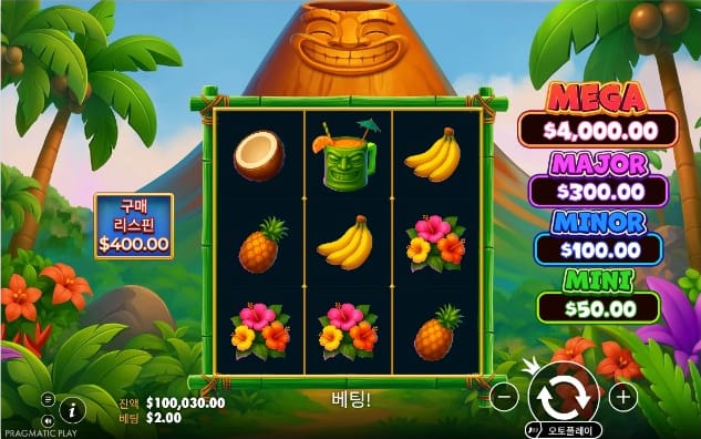 Super Tiki Strike 하단 조작부와 최종 3×3 릴 실제 화면