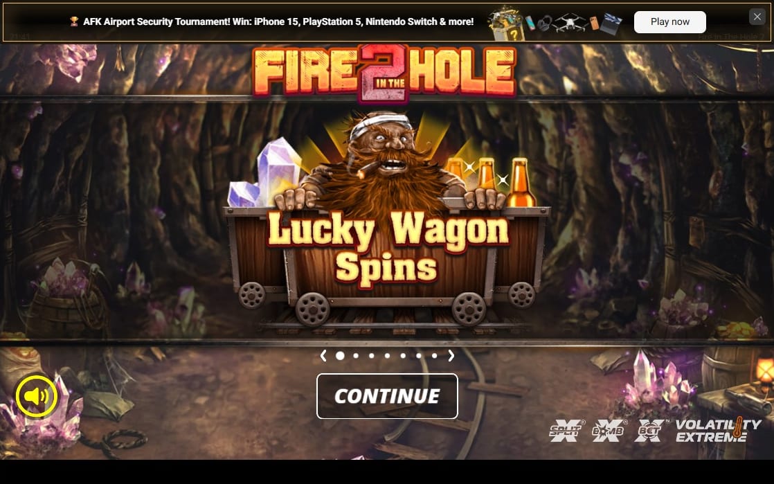 Fire in the Hole 2 시작 안내에 광부와 Lucky Wagon Spins 광차가 표시된 실제 화면