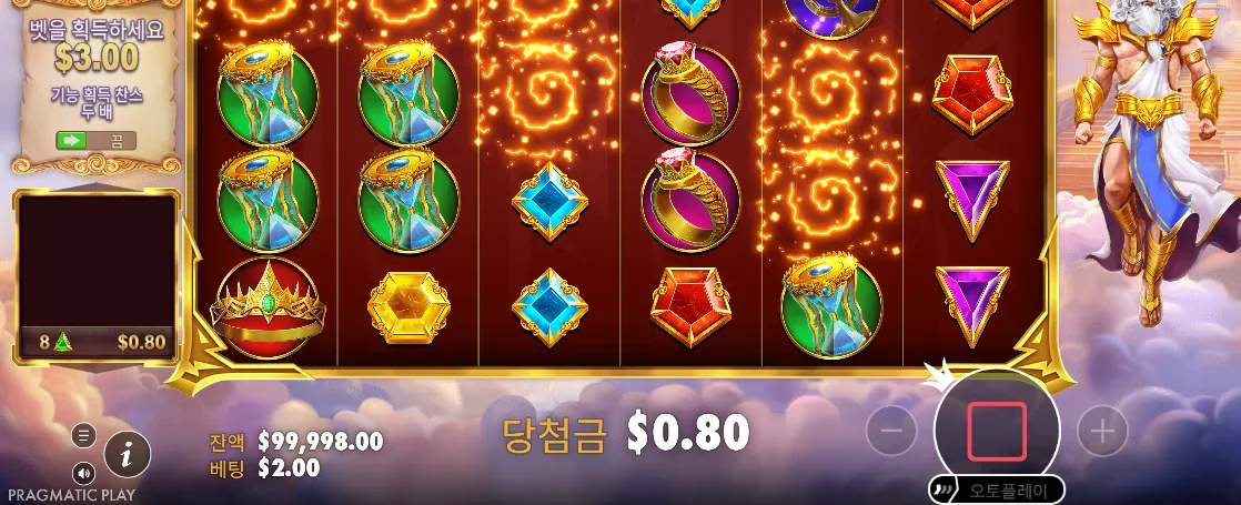 누적 배수와 프리스핀 상태가 표시된 게이트 오브 올림푸스 슈퍼 스캐터 보너스 화면
