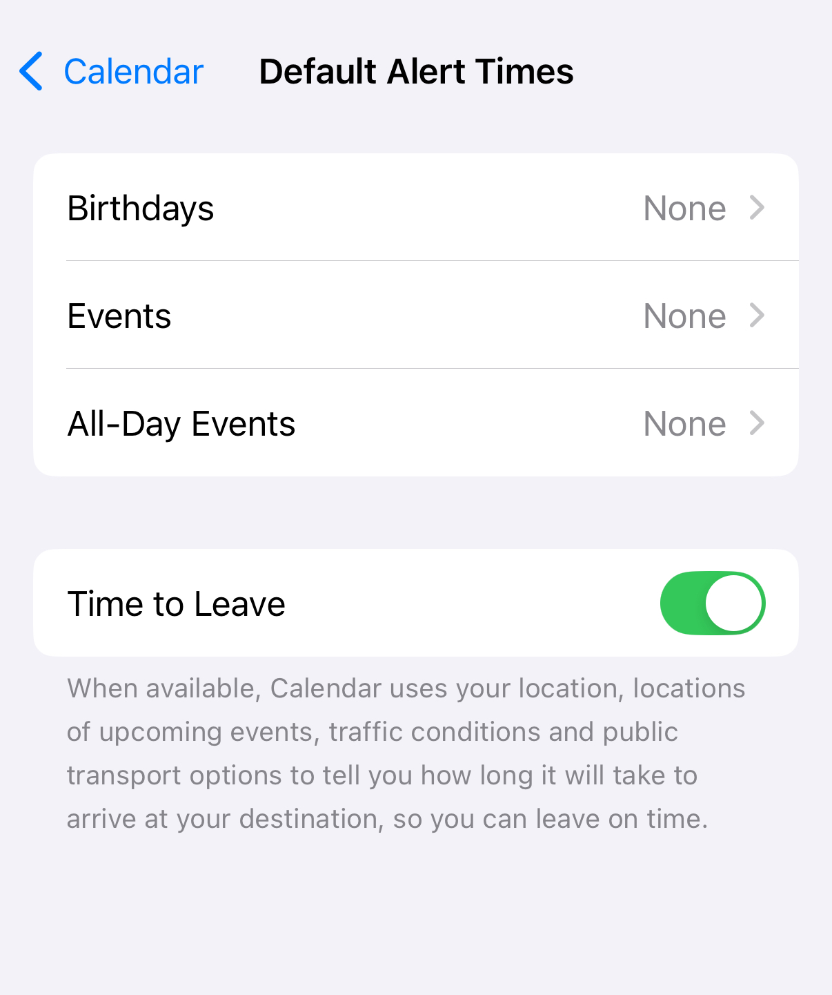 iOS 18 Settings → Apps → Calendar → Default Alert Times