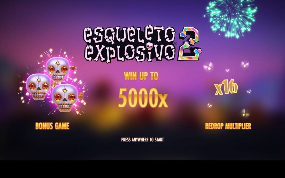 에스켈레토 익스플로시보 2 ESQUELETO EXPLOSIVO 2 제목 아래 WIN UP TO 5000x와 x16 REDROP MULTIPLIER가 크게 적혀 있습니다