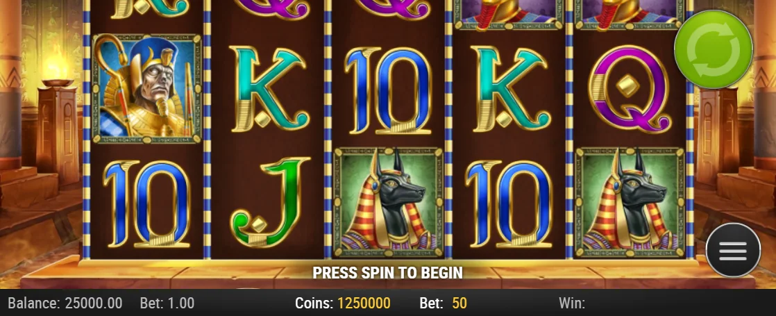 Balance 25000과 Bet 1.00 아래 파라오 아누비스가 보이는 레거시 오브 데드 화면