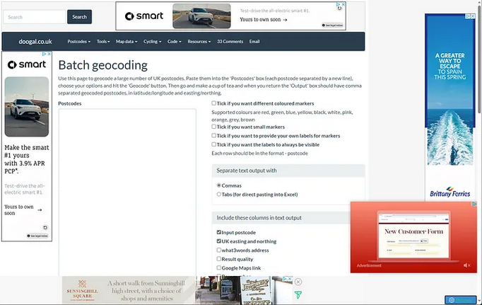 Screenshot of Doogal.co.uk Batch Geocoding tool