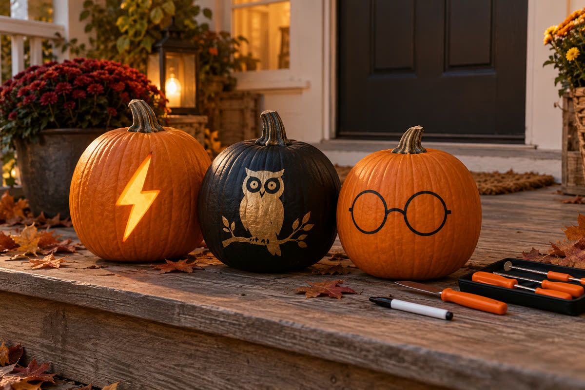 Three pumpkins on a porch step: one carved with a lightning bolt, one painted black with a gold owl, one with round glasses drawn in marker