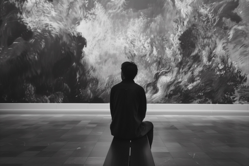a gallerygoer sitting on a museum bench in front of a painting