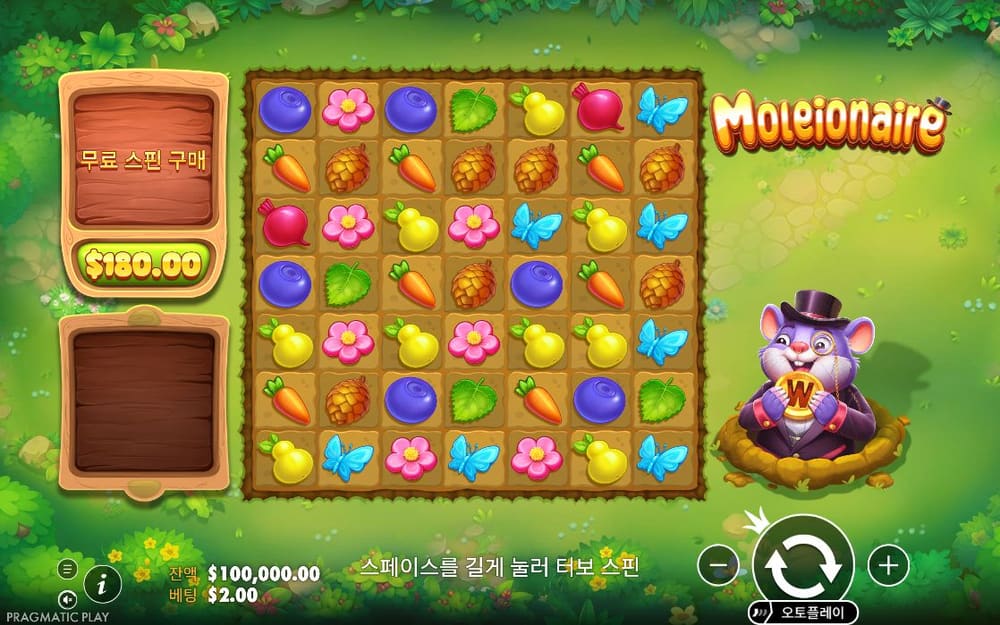 몰레어네어 Moleionaire 로고 아래 색색의 정원 심볼과 오른쪽 보라색 두더지가 함께 보입니다