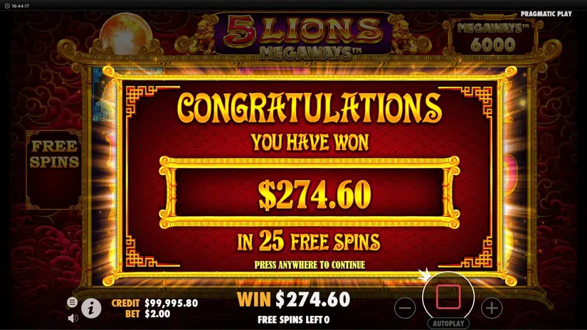 5 Lions Megaways 25회 무료 스핀 종료 후 최종 274.60이 표시된 화면
