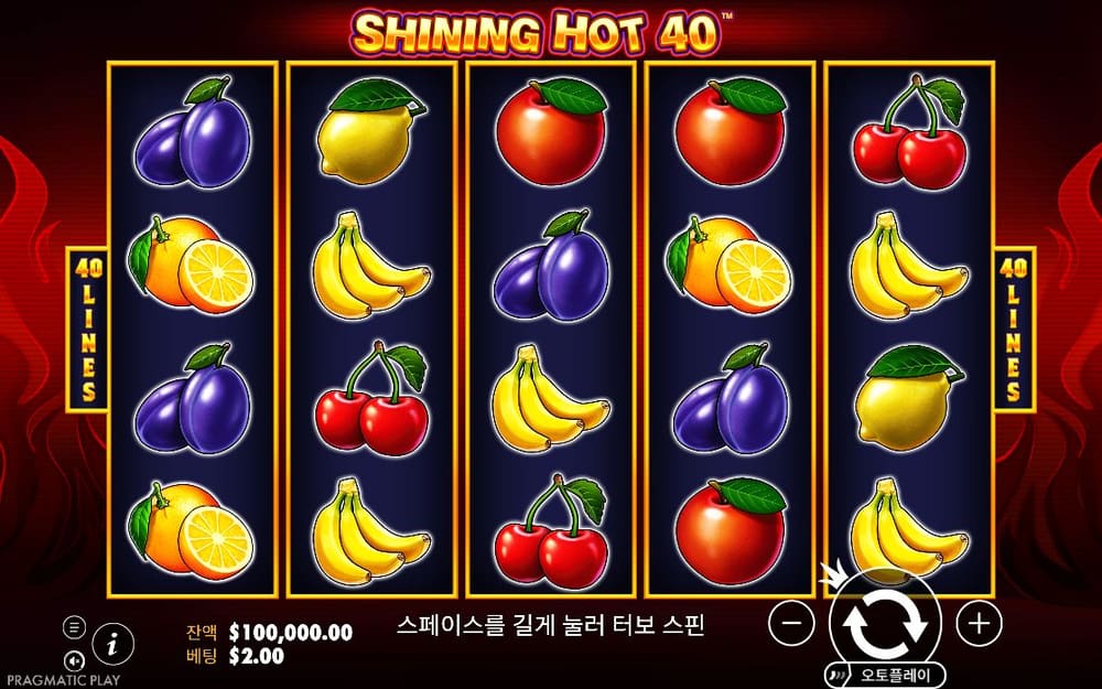 샤이닝 핫 40 SHINING HOT 40 로고 아래 과일 심볼이 세로로 놓이고 양쪽에는 40 라인 표지가 있습니다