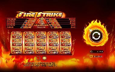 파이어 스트라이크 모바일 폭에서도 FIRE STRIKE 전면 배열과 상단 배당표, 불꽃 스핀 버튼이 모두 들어옵니다