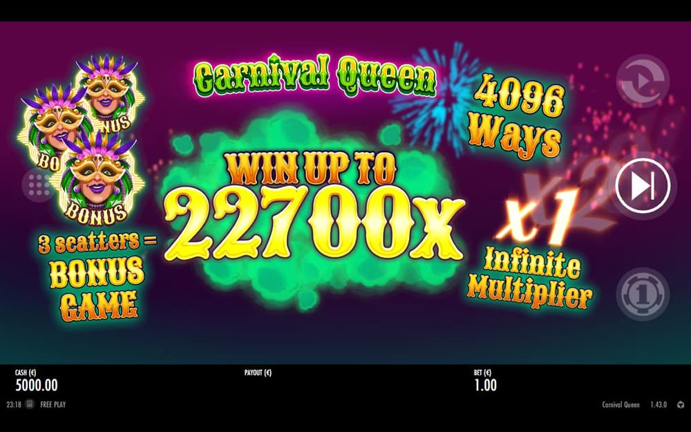 카니발 퀸 CARNIVAL QUEEN 소개판에 4096 WAYS, 22700배와 INFINITE MULTIPLIER 문구가 보입니다