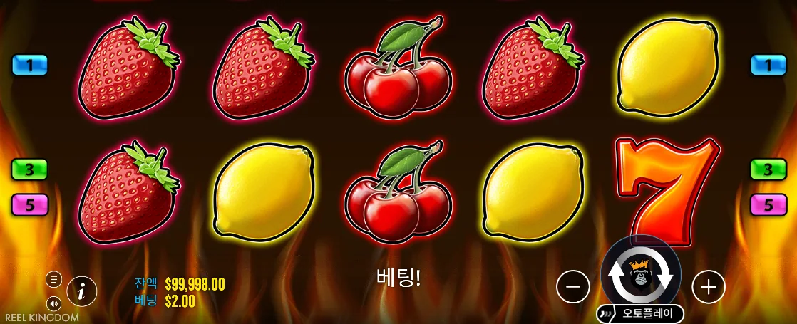 딸기 체리 레몬과 붉은 7이 놓인 핫 투 번 5라인 기본판