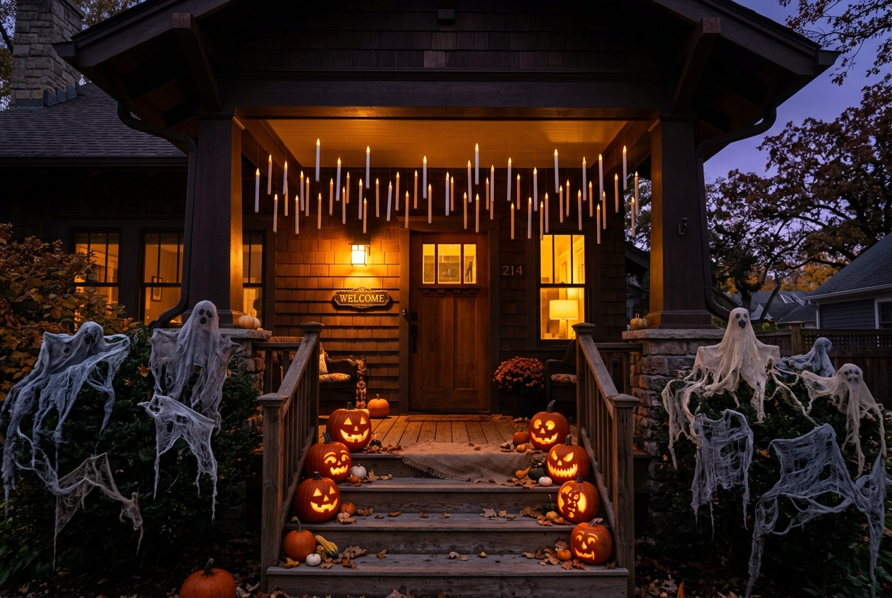 A front porch at dusk with paper floating candles hanging from the ceiling, cheesecloth ghosts on the bushes and glowing carved pumpkins on the steps