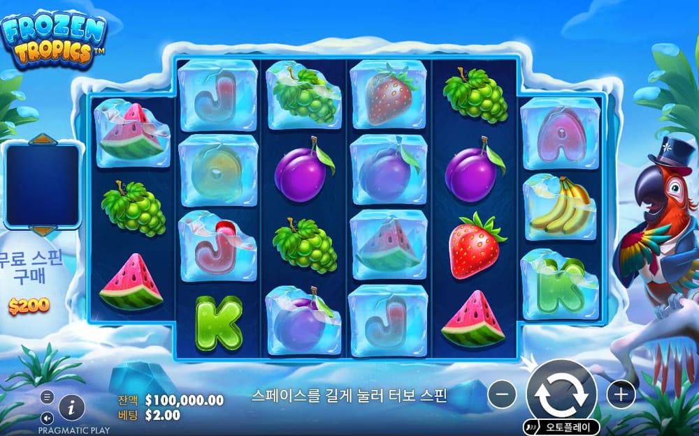 프로즌 트로픽스 얼음 블록 격자에 포도·자두·딸기·바나나·수박과 K 글자가 보이고 오른쪽에 펭귄이 서 있습니다