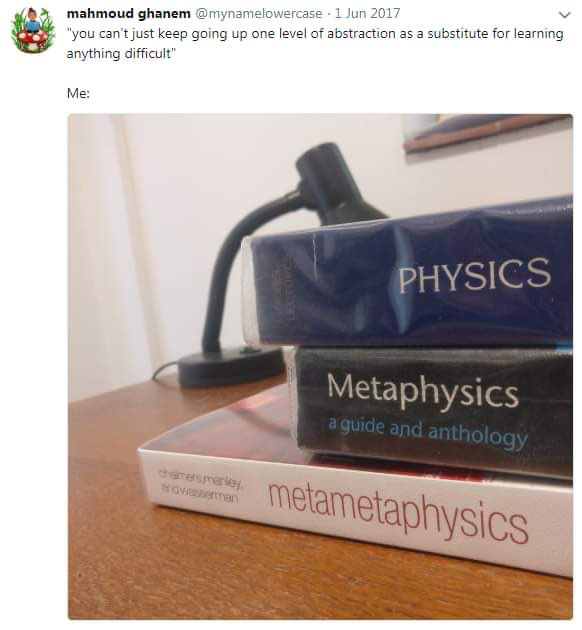 A stack of books, from bottom to top the titles read, physics, metaphysics, and metametaphysics. The caption reads “you can't just keep going up one level of abstraction as a substitute for learning anything difficult“