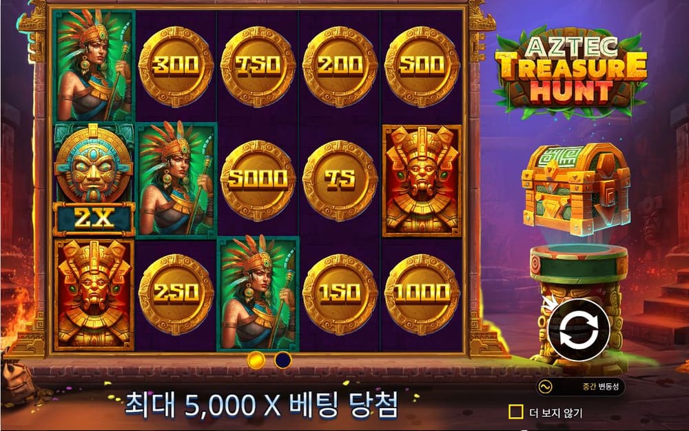 아즈텍 트레저 헌트 중앙의 200 금화와 여러 5000 금화가 금색 테두리 안에 정지해 있습니다