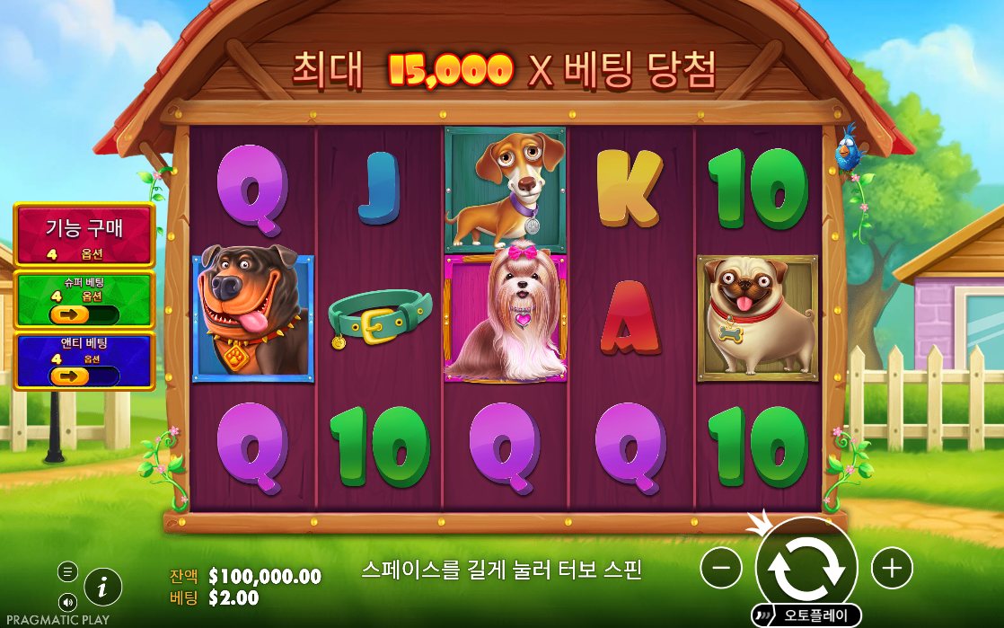The Big Dog House 빨강 초록 파랑 발바닥과 Biggie Ghost Out 무료 스핀 안내 화면