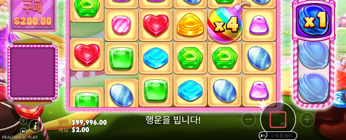 x4 폭탄과 이동 중인 캔디 타일이 함께 보이는 캔디 블리츠 밤스