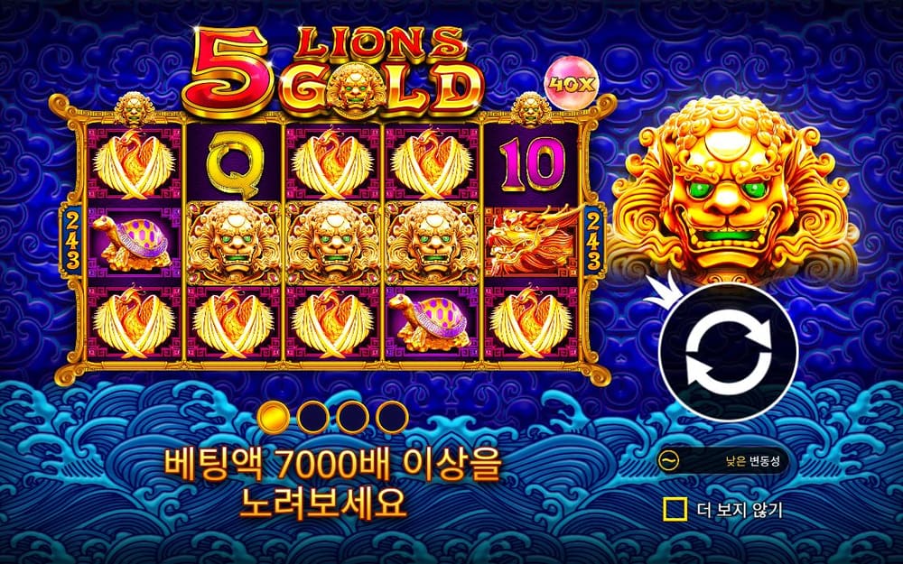 5 라이온스 골드 황금 사자 가면들이 가운데 릴에 모여 정지해 있습니다