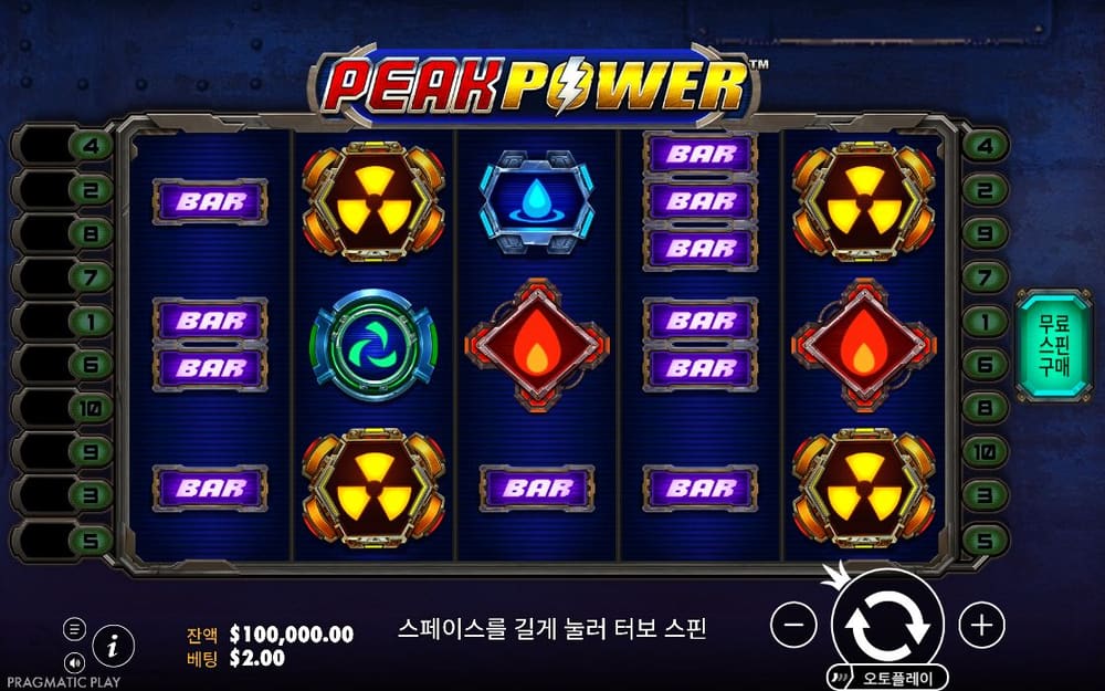 피크 파워 세로로 긴 릴 여러 칸에 BAR와 방사능 표지가 번갈아 나타납니다