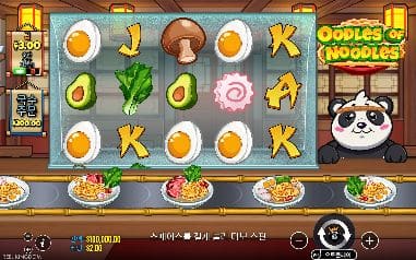 우들스 오브 누들스 모바일 화면에서는 달걀·버섯·아보카도와 청경채가 놓인 판다 국수 릴이 모바일 구도의 중심을 이룹니다