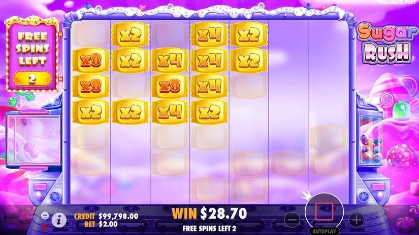 Sugar Rush 프리스핀에서 주황 젤리곰 묶음과 x6 배수 칸이 연결된 장면