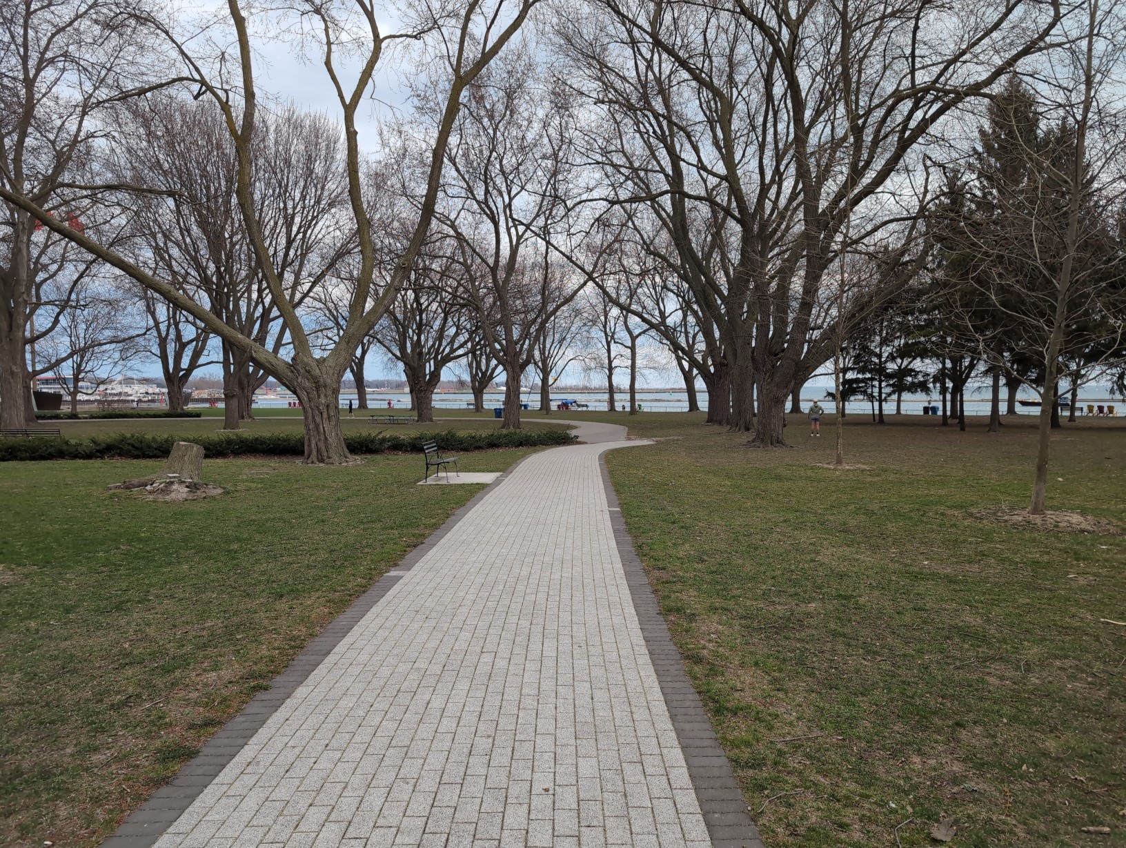 Photo looking down a brick path leading into Coronation Park on an overcast day. The many trees of various ages are without leaves, save for a few pines off to the right. A couple people are visible in the distance, but the scene is mostly empty aside from the features of the park and Lake Ontario in the distance.