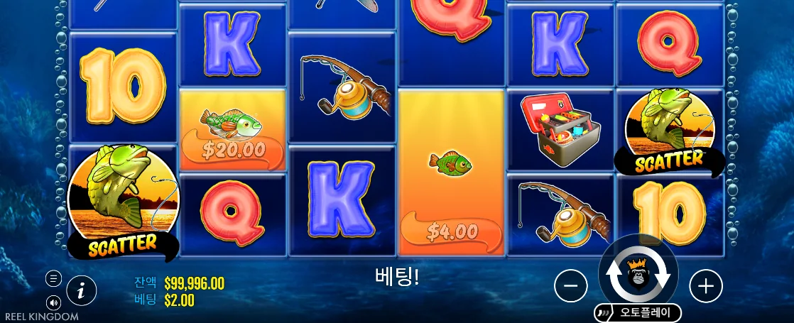 SCATTER 물고기 두 개와 4달러 물고기가 보이는 빅 배스 보난자 메가웨이즈 화면