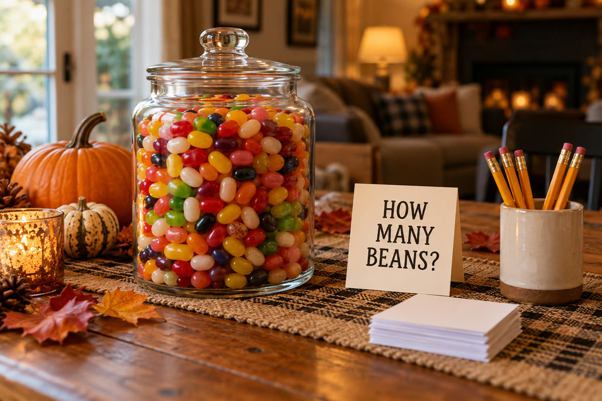 A large jar of jelly beans with a card reading HOW MANY BEANS?, paper slips and a pencil cup on a party table
