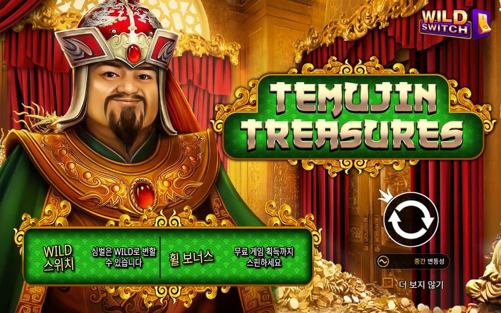 테무진 트레저스 TEMUJIN TREASURES 로고, WILD SWITCH 표지와 기능 설명표가 동일한 구도로 들어옵니다