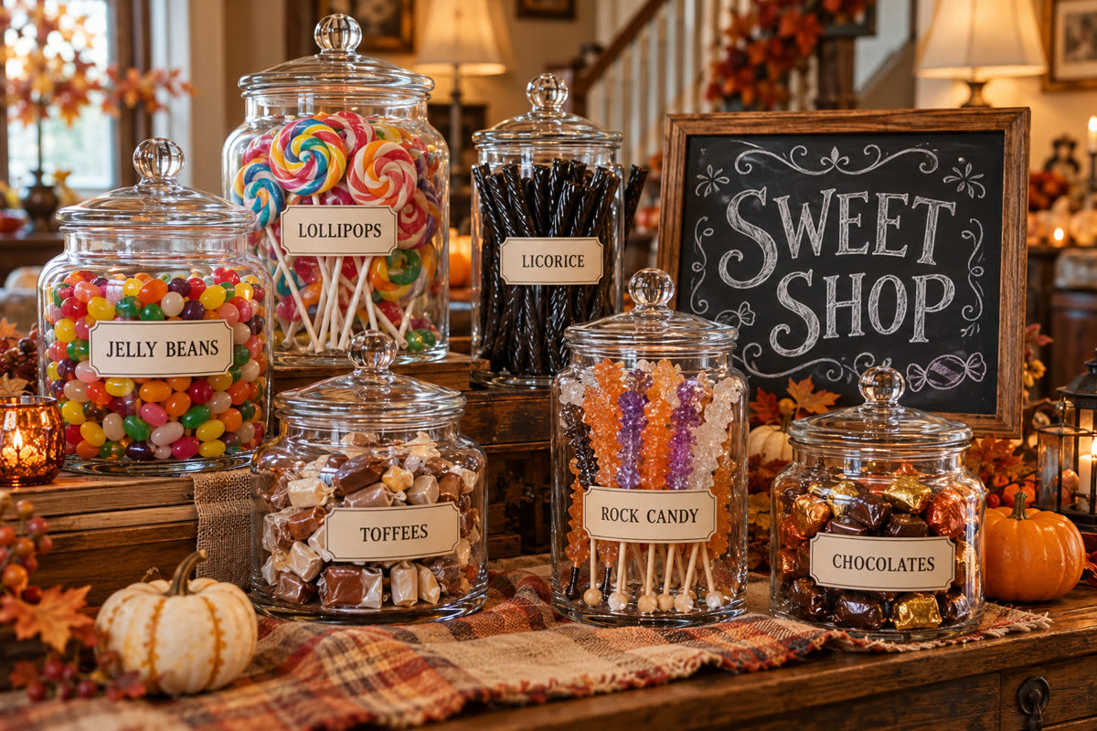 A Honeydukes-style candy table with a tight cluster of mismatched glass jars full of jelly beans, lollipops, licorice and toffees, and a chalkboard sign reading SWEET SHOP