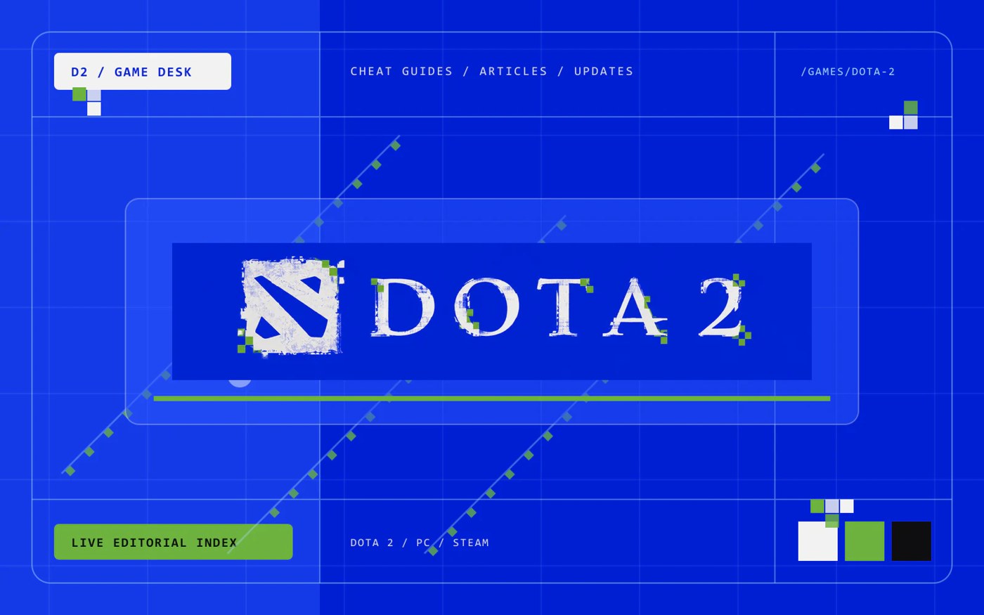 Dota 2 section banner with the game logo on a blue editorial grid