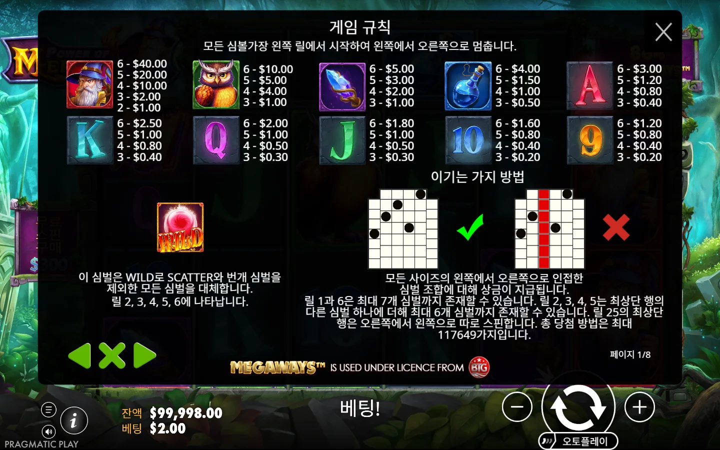 멀린과 부엉이 등 지급표, 와일드 대체 조건, 최대 117649웨이 설명이 표시된 정보 화면